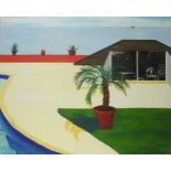 Sophie Brandon - Coastal scene with beach hut before water, oil on canvas, unframed, 100cm x 81cm