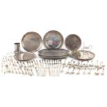 Silver plate including circular trays and cutlery, the largest 47cm in length