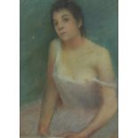 Top half portrait of a semi nude female, early 20th century French school pastel, label verso,