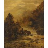 River landscape with figure fishing, 19th century oil on canvas, indistinctly monogrammed,