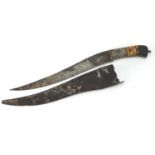 Afghan pesh-kabz knife with bone handle, sheath and steel blade engraved with wild animal amongst