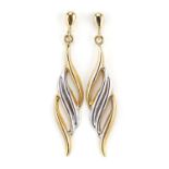 Pair of 9ct two tone gold drop earrings, 4.5cm high, 1.0g