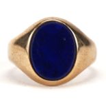 9ct gold lapis lazuli signet ring, size M, 5.4g