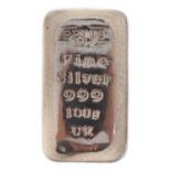 999 fine silver 100g ingot by Betts, 4.5cm x 2.5cm