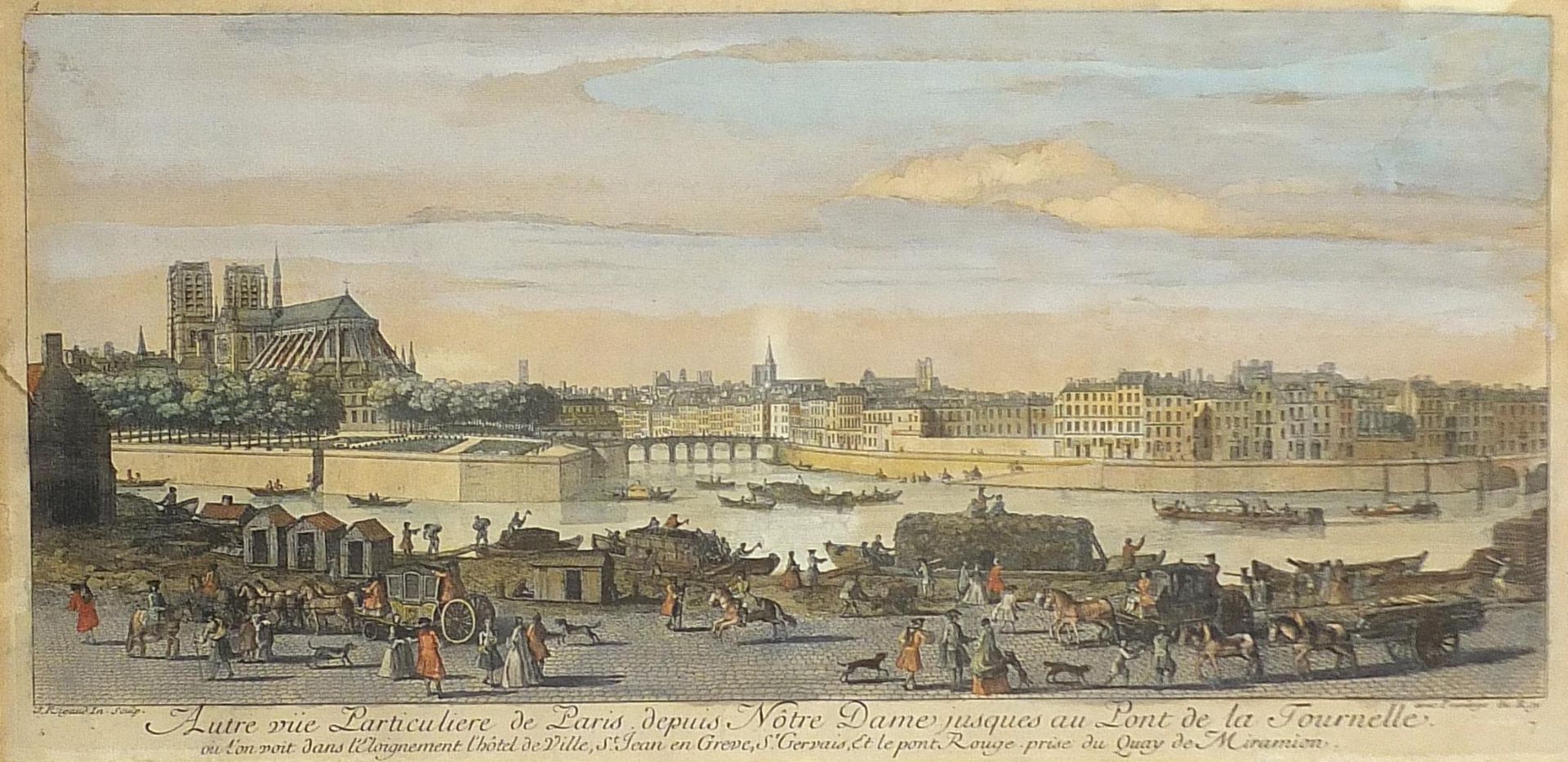 After Jacques Rigaud - View of Paris from the Notre Dame, antique hand coloured French engraving ,