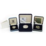 Silver proof coins comprising DNA two pound, 1999 United Kingdom one pound and Golden Wedding