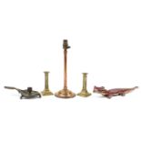 Metalware including a French style bronze acanthus design chamberstick and pair of crocodile