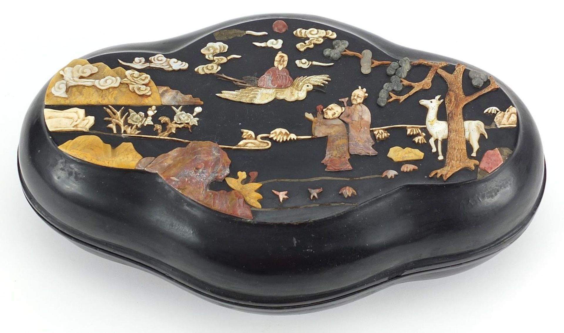 Chinese lacquered box and cover with stone inlay, decorated with figures in a landscape, 34cm wide - Image 2 of 4