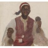 Portrait of an African musician wearing traditional dress, oil on card, mounted, framed and