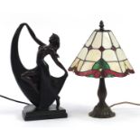 Bronzed Tiffany design table lamp with leaded glass shade and an Art Deco dancer table lamp, the