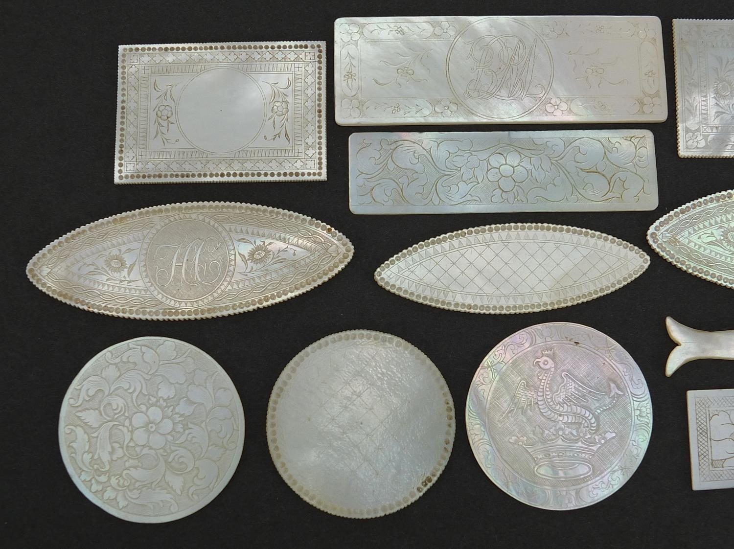 Eleven Chinese Canton mother of pearl gaming counters and one other, the largest 6.5cm wide - Image 5 of 6