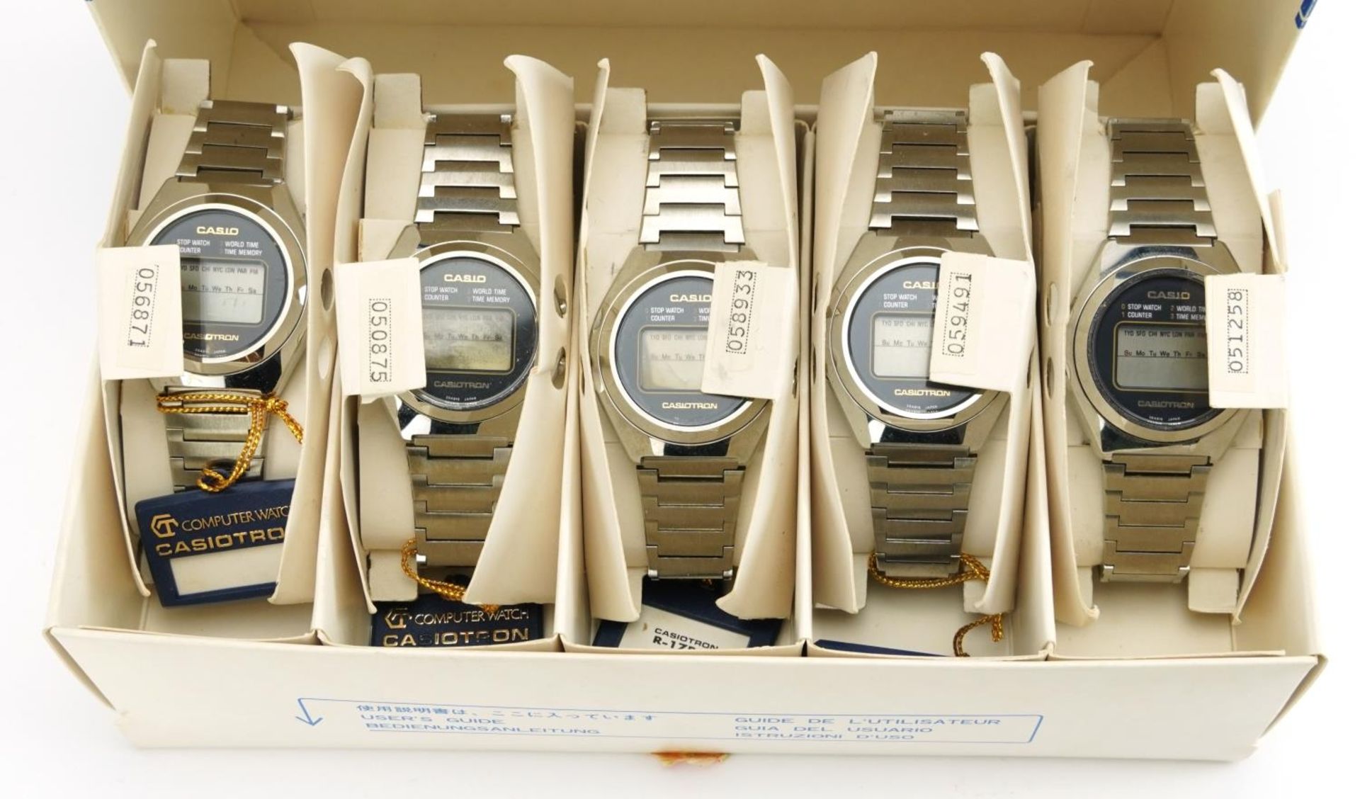 Casio, five vintage Casio R-17 Casiotron digital computer wristwatches with display box and - Image 2 of 3