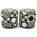 Pair of Johanson Design cylindrical stools with black and white geometric upholstery, 44cm high x