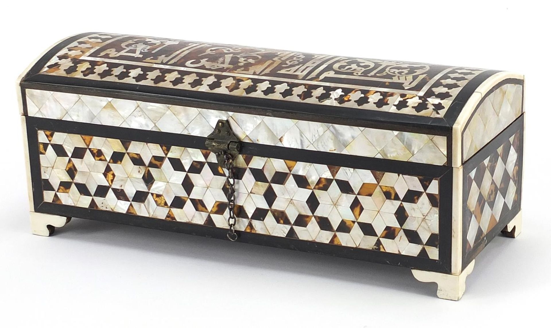 Turkish Islamic mother of pearl and tortoiseshell pen box, 11cm H x 32cm W x 12cm D