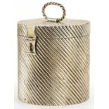 Cylindrical silver plated box with hinged lid, 14cm high