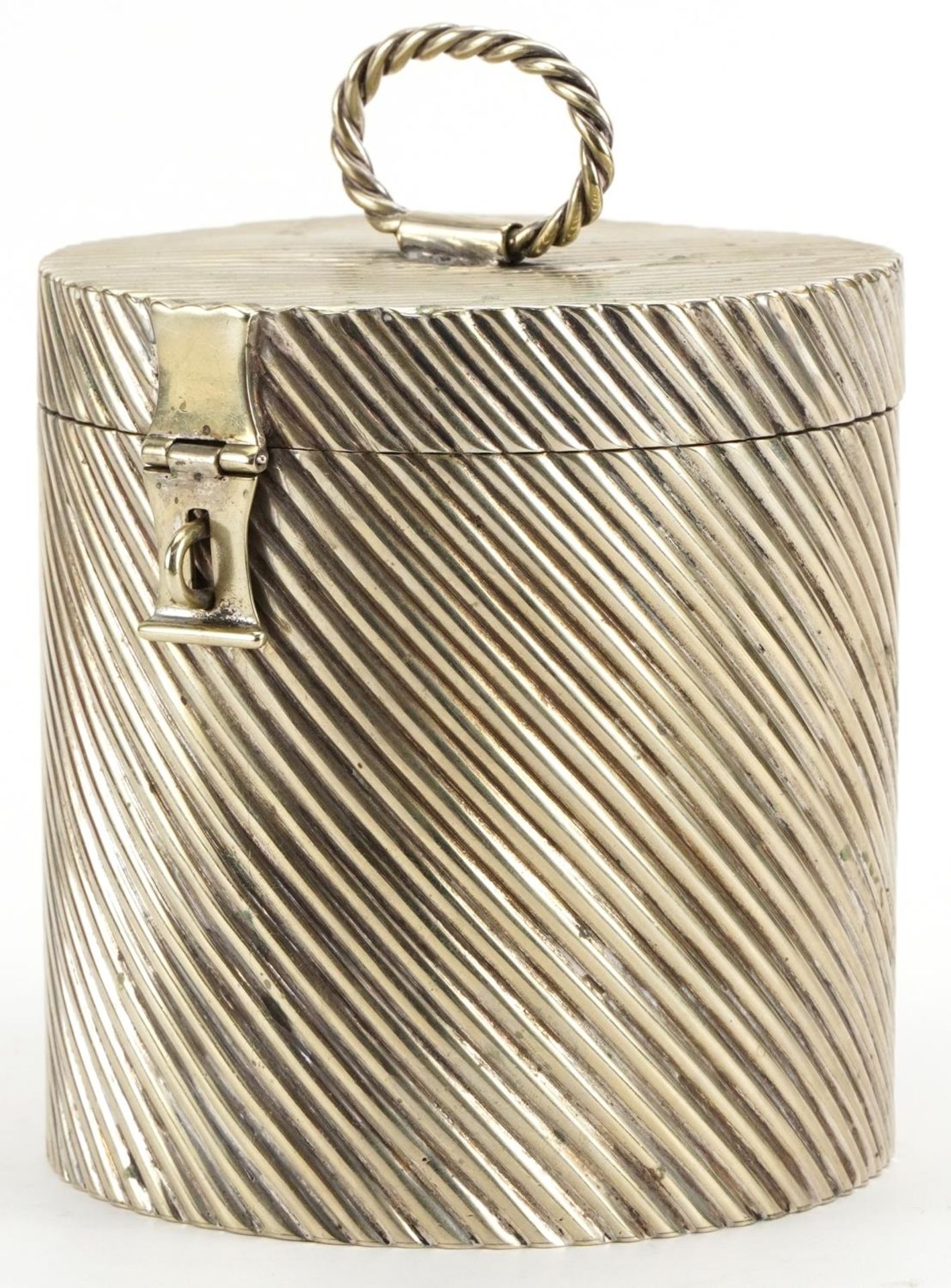 Cylindrical silver plated box with hinged lid, 14cm high