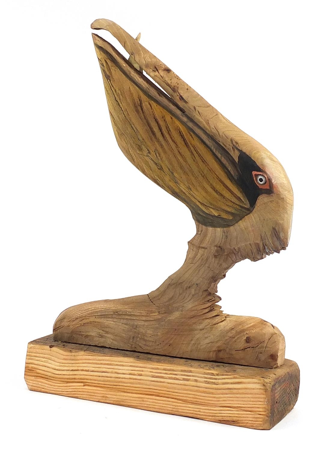 Clive Fredriksson 2021, driftwood carving of a stylised pelican with fish, 61cm high - Bild 3 aus 4