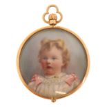 Antique 15ct gold rotating open locket housing two portrait miniatures of young girls, 4.2cm high,