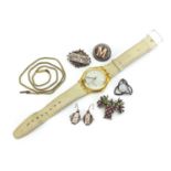 Antique and later jewellery comprising four silver brooches, silver earring, Swatch watch and yellow