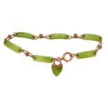 Victorian 9ct rose gold and spinach jade bracelet with love heart padlock housed in a tooled leather