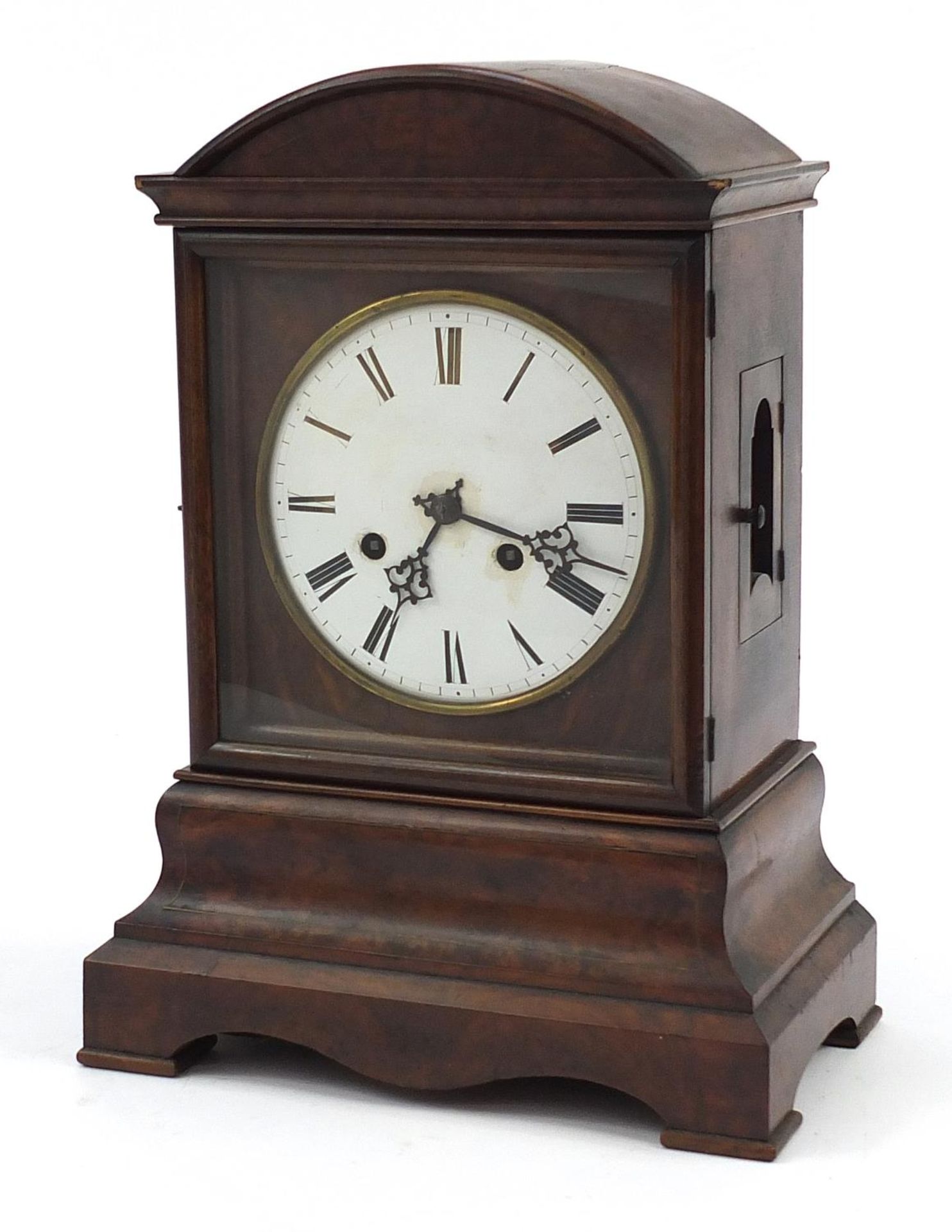 German inlaid walnut dome top bracket clock with twin fusee movement, the enamelled dial having