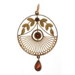 Art Nouveau 9ct rose gold garnet drop pendant, 4.5cm high, 2.6g
