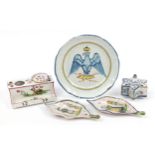 19th century and later French faience glazed pottery including a plate hand painted with an eagle,