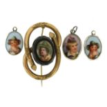 Portrait miniature porcelain pendant, earrings and gilt metal brooch, the largest 4cm wide