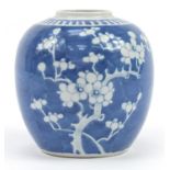 Chinese blue and white porcelain ginger jar hand painted with prunus flowers, blue ring marks to the