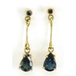 Pair of 9ct gold sapphire drop earrings, 2.1cm high, 1.2g