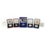 Five silver proof coins with certificates and cases including 2007 Diamond Wedding crown and 1998