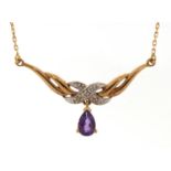 9ct gold amethyst and diamond crossover necklace, stamped 0.01ct, 41cm in length