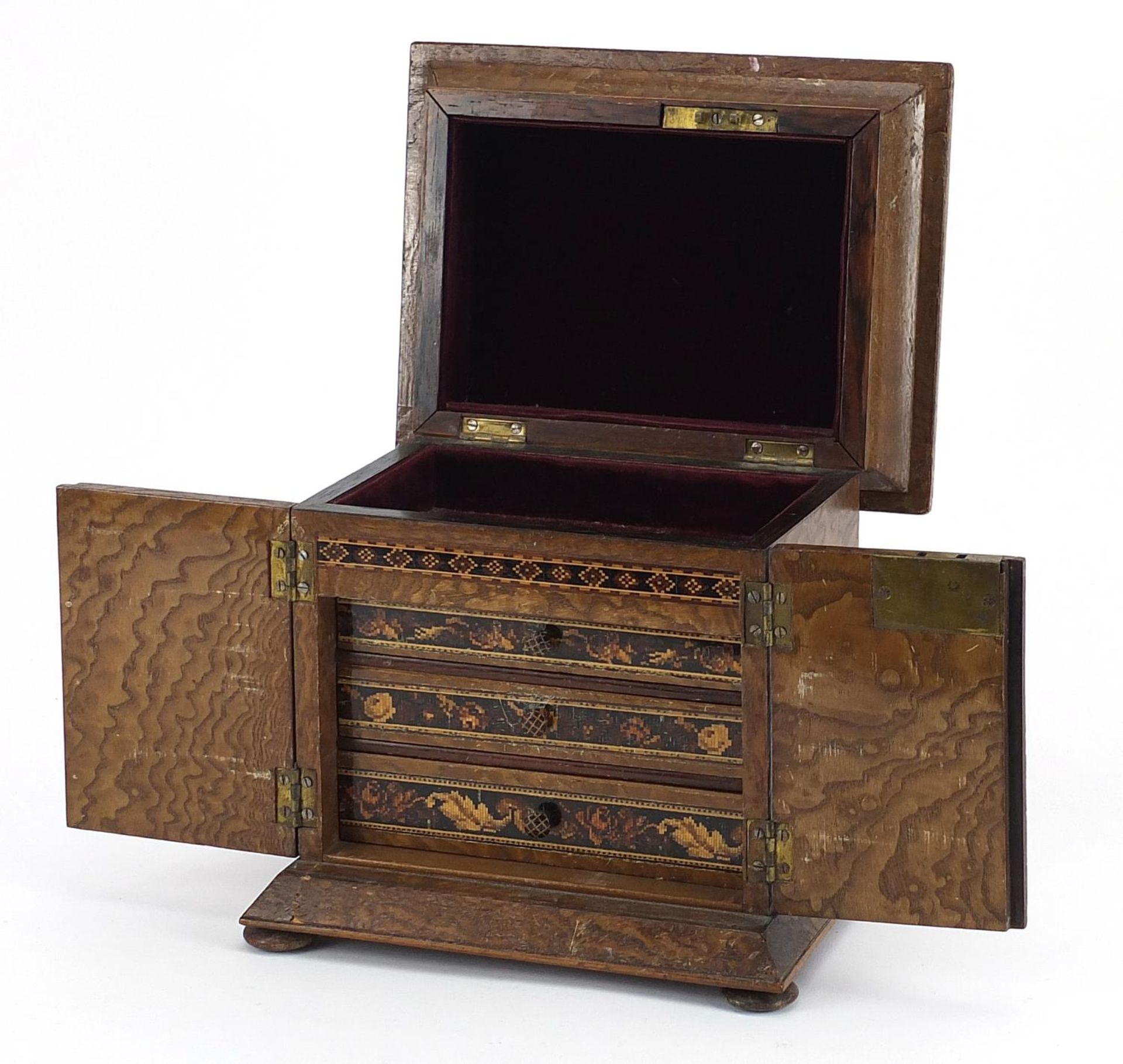 Victorian Tunbridge Ware tumbling block design jewellery chest with lift up top above two doors - Image 2 of 4