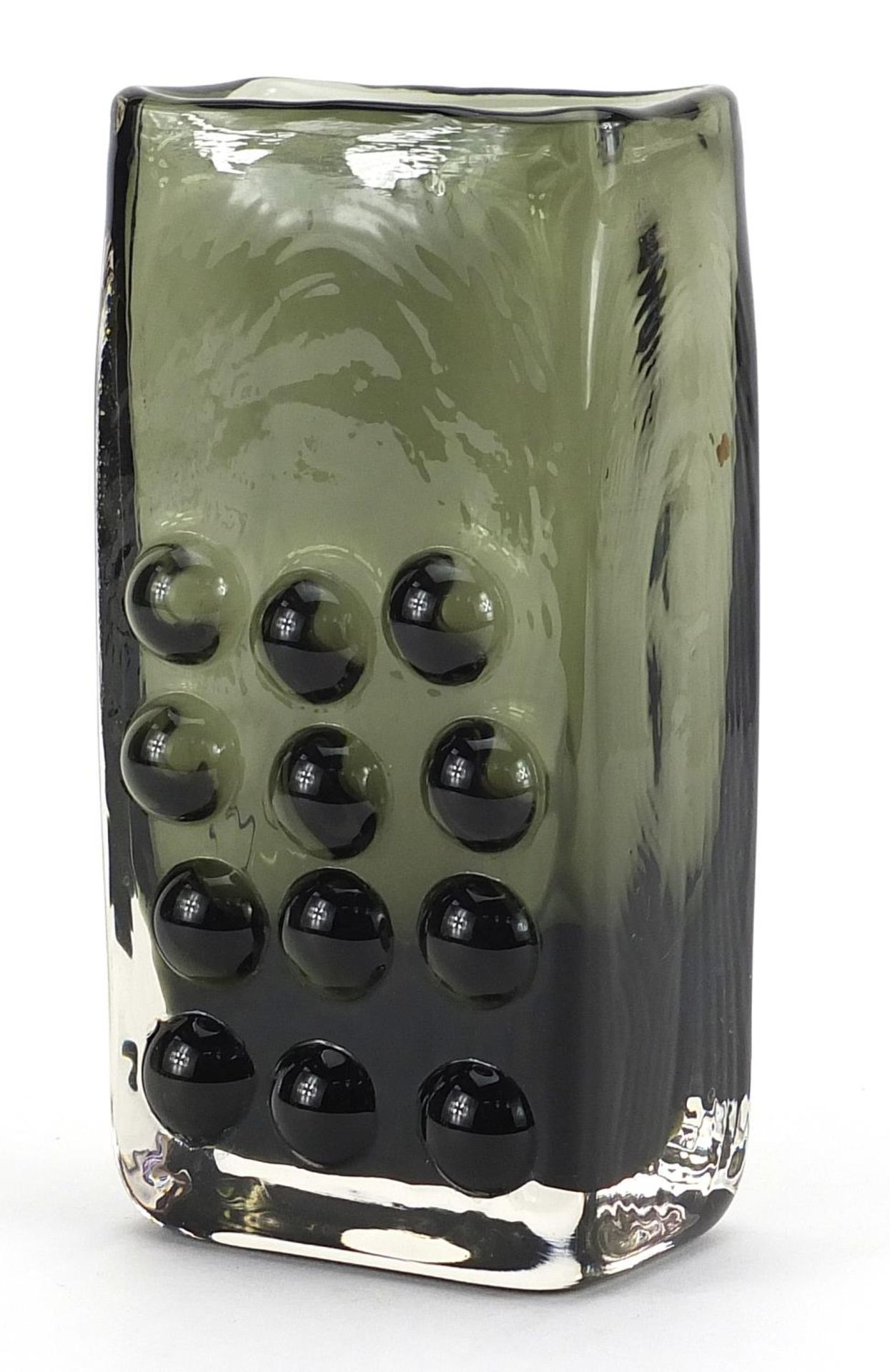 Geoffrey Baxter for Whitefriars, mobile phone glass vase in sage green, 16.5cm high