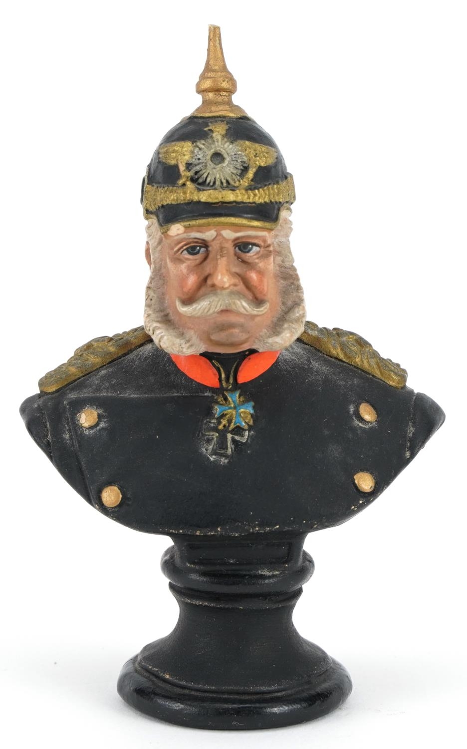 German hand painted terracotta bust of Kaiser Wilhelm I in military dress by Deponirt, 11.5cm high