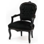 French style black painted elbow chair with black button back upholstery, 92cm high