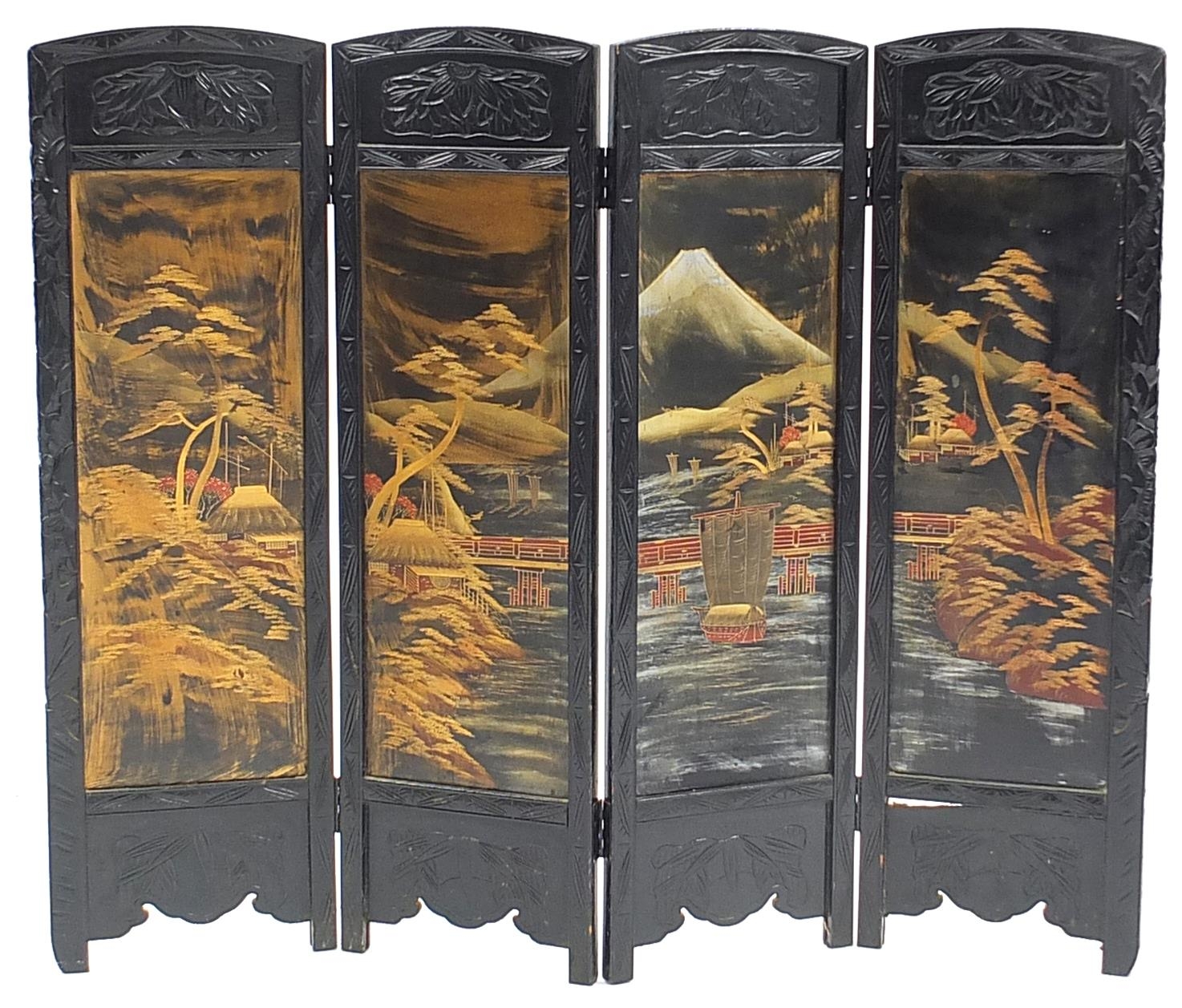 Japanese ebonised four fold screen hand painted with panels of a sailing boat before Mount Fuji,