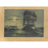 Ruined buildings and windmill, print in colour, indistinctly inscribed and signed, possibly