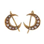 Pair of Victorian 15ct gold seed pearl crescent moon earrings housed in an Saqui & Lawrence box, 1.