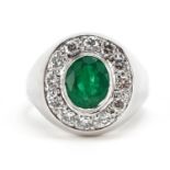 18ct white gold oval emerald and diamond cluster ring with certificate, total emerald weight