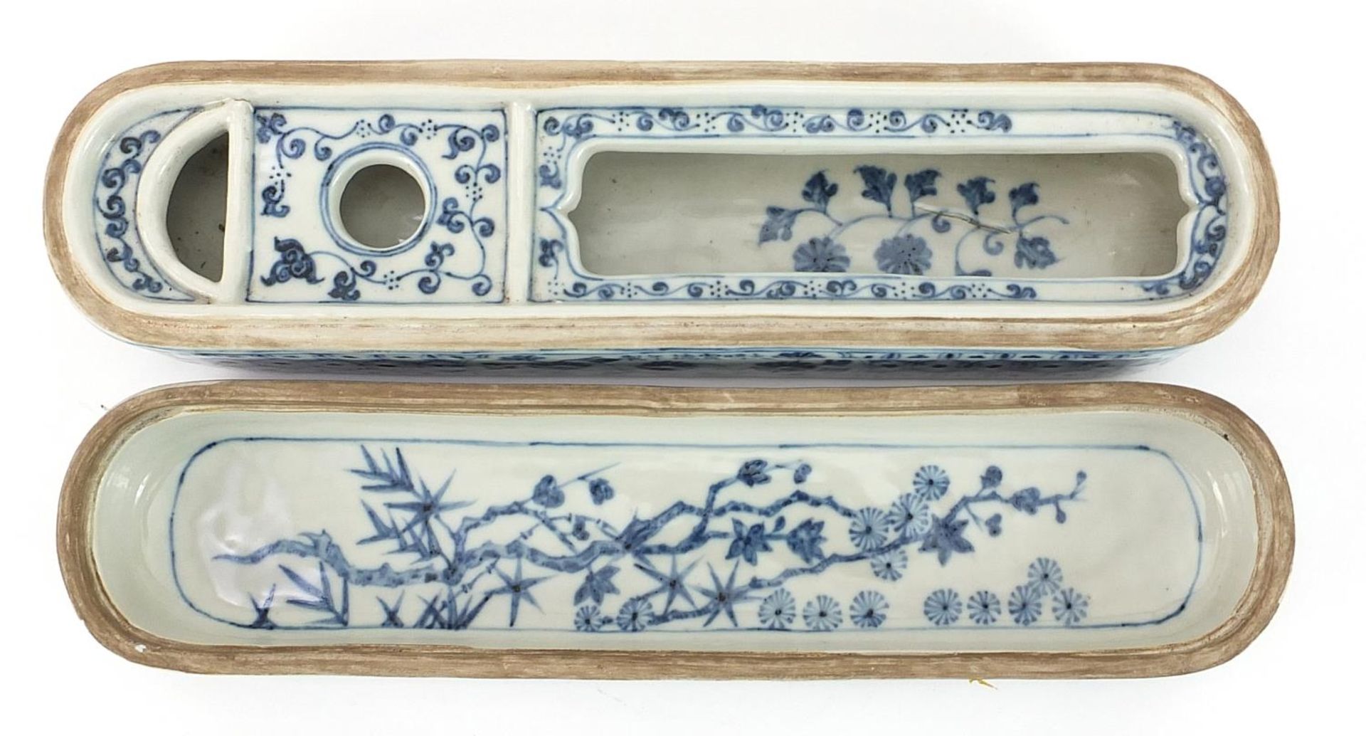 Chinese Islamic blue and white porcelain calligraphy box hand painted with flowers, 32cm wide - Image 4 of 5