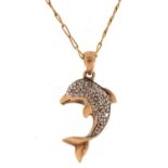 9ct gold diamond dolphin pendant on a 9ct gold necklace, 3cm high and 44cm in length, 4.0g