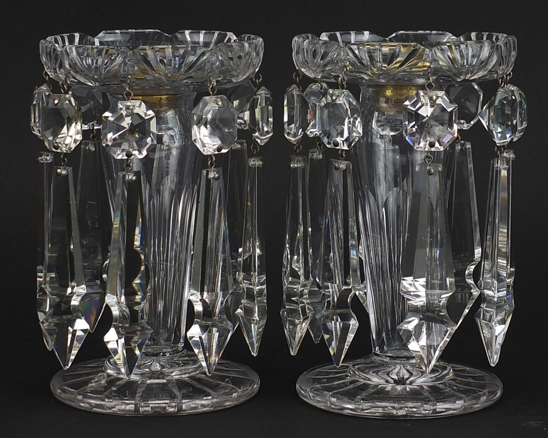 Pair of William IV cut glass lustres with drops, each 15.5cm high