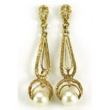Pair of 9ct gold simulated pearl drop earrings, 4.0cm high, 3.4g