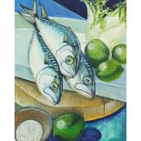 Clive Fredriksson - Still life mackerel and vegetables, oil on board, framed, 49.5cm x 39.5cm