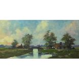 River landscape with farm buildings, oil on canvas, mounted and framed 80cm x 39.5cm excluding the