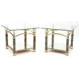Pair of contemporary gilt metal and bevelled glass two tier occasional tables with marbleised