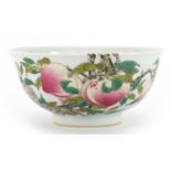 Chinese porcelain bowl hand painted with bats amongst peach trees, four figure character marks to