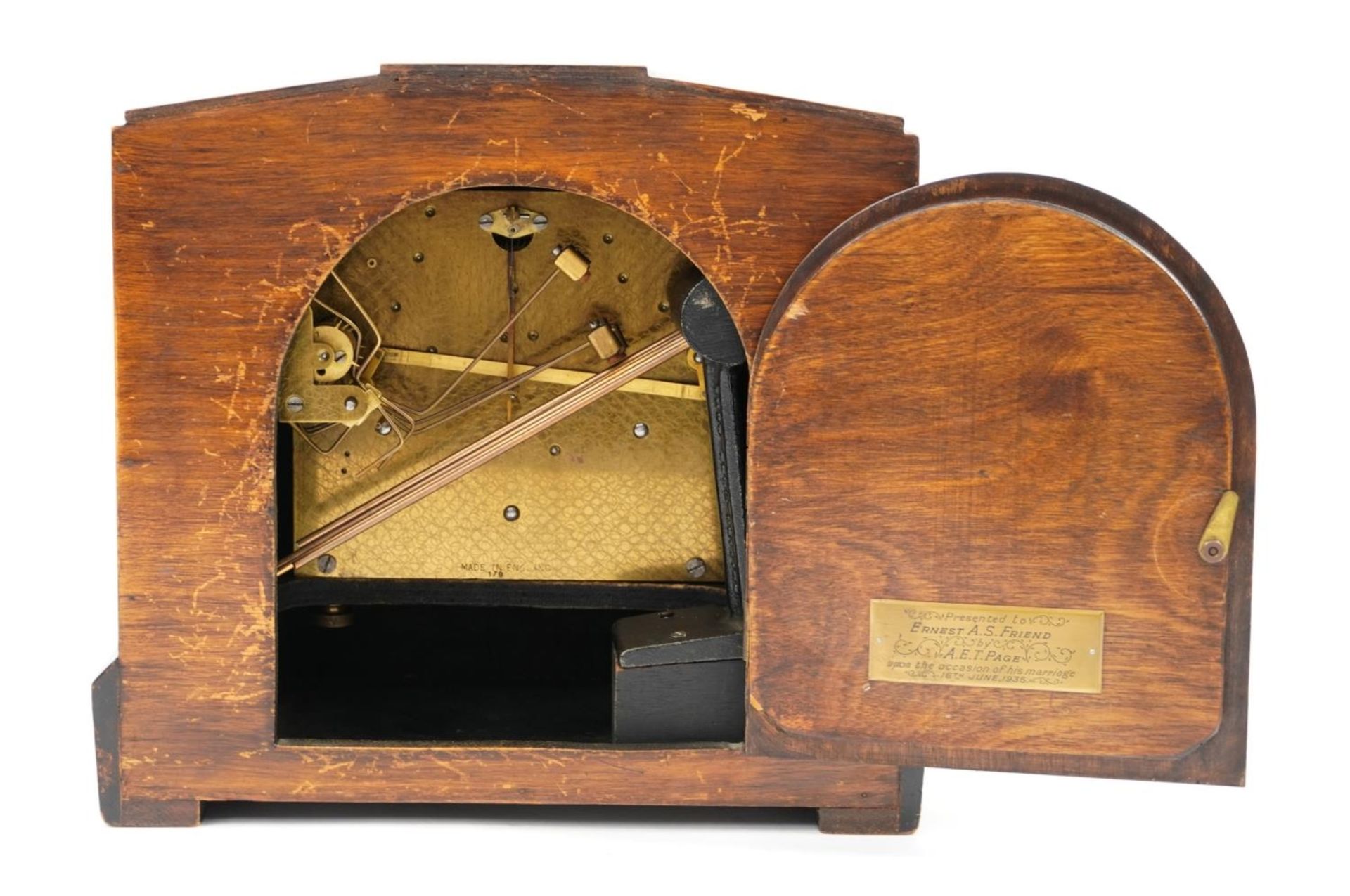 Art Deco walnut mantle clock with Westminster chime, 26.5cm wide - Image 3 of 4