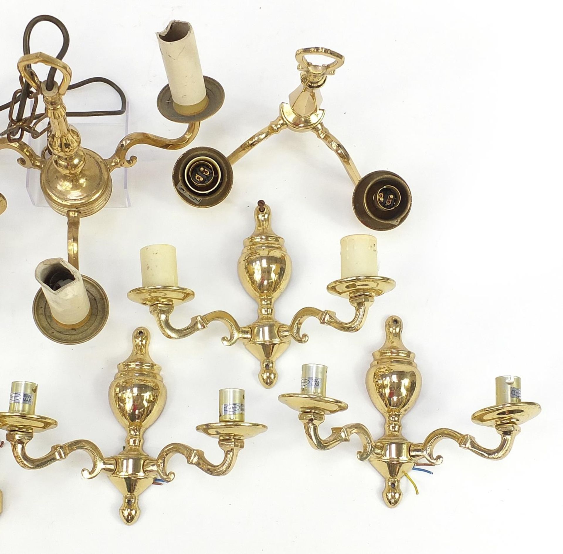 Seven brass wall sconces including a set of four and a three branch chandelier, the largest 30cm - Image 4 of 5